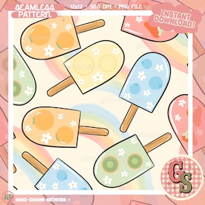 May include: A seamless pattern of illustrated popsicles featuring orange, lemon, blueberry, and kiwi fruit slices with small white flowers on a cream background with a faint rainbow. Text includes SEAMLESS PATTERN, 12x12, 300 DPI, PNG FILE, INSTANT DOWNLOAD, and HAND-DRAWN ARTWORK.