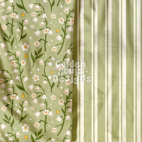 Lily of the Valley Floral + Stripes - Floral, Seamless, Digital Design, Fabric Pattern, Flowers, Lillies, Cottagecore, Wallpaper, Boho