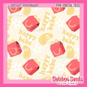 Happy Babe + stripes - Cute, Summer, Seamless, Digital Design, Set, Pattern, Wallpaper, Fabric, retro, mcd, meal, happy, nuggets