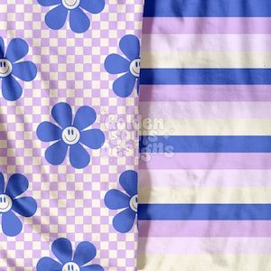 May include: A seamless pattern featuring blue and white smiley face flowers on a purple and white checkered background.  The second pattern is a striped design with alternating white, purple, and blue stripes.