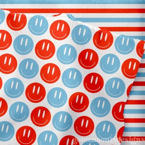 Red & White Smilies USA Fourth of July - Cute Summer Seamless Digital Design, Two files Main and coordinate, Fabric Pattern, Wallpaper boho