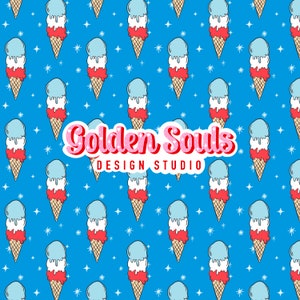 May include: A repeating pattern of ice cream cones in red, white, and blue on a blue background with white star accents. The image includes the text "Golden Souls Design Studio" in a pink and white design.
