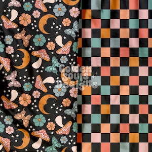 May include: Two fabric patterns. One features a black background with butterflies, mushrooms, flowers, moons, and stars in shades of orange, pink, and blue. The other is a checkerboard pattern in black, orange, pink, and blue.