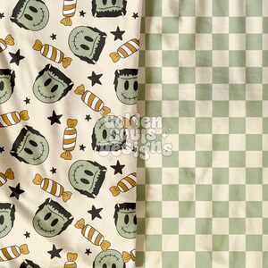 May include: A seamless pattern featuring green Frankenstein faces, black stars, and orange and white candy on a cream background. The pattern is next to a green and white checkered background.