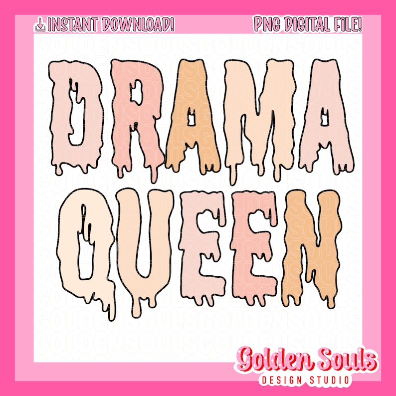 K&ouml;nnte beinhalten: Digitaler Download eines Grafikdesigns mit dem Text "Drama Queen" in tropfenden, bunten Buchstaben. Die Buchstaben sind schwarz umrandet und mit Schattierungen von Rosa, Orange und Gelb gef&uuml;llt.