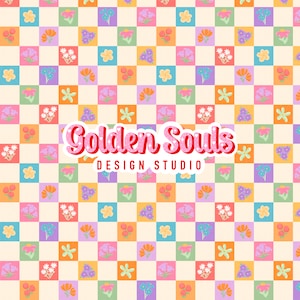 May include: A seamless pattern featuring a checkered background with various colorful flowers in each square. The text "Golden Souls Design Studio" is in the center of the image.