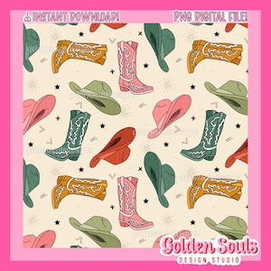 May include: A seamless pattern featuring cowboy boots and hats in various colors, including pink, green, orange, and brown. The background is a light beige with stars and arrows.