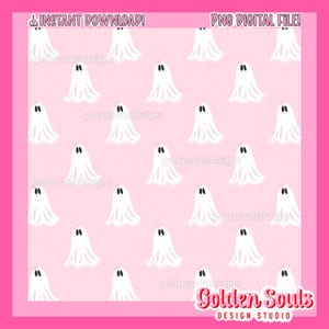 May include: A digital paper pattern featuring a repeating pattern of white ghosts on a pink background. The text "Golden Souls Design Studio" is at the bottom of the image.
