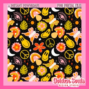 May include: A seamless pattern featuring a psychedelic design with various shapes and colours. The pattern includes peace signs, mushrooms, butterflies, smiley faces, stars and rainbows on a black background.
