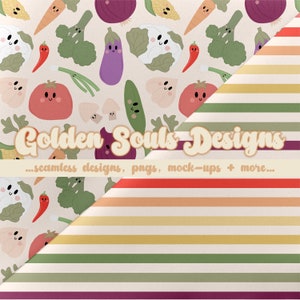 Vegetables Veggies and stripes, Cute Childrens Muted Bright Seamless Digital Design, Fabric Pattern, Wallpaper