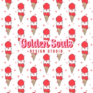 May include: A seamless pattern featuring pink and white ice cream cones with a dripping pink topping. The background is white with small pink stars. The text "Golden Souls Design Studio" is centered at the bottom of the image.