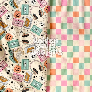 May include: A seamless pattern featuring a retro Halloween theme with pumpkins, cassette tapes, roller skates, headphones, and stars on a cream background. The pattern is paired with a checkered pattern in pink, green, and orange.