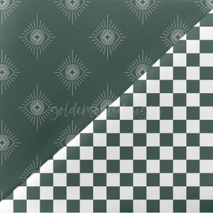 May include: A digital paper with a green background featuring a repeating pattern of white stylized eyes with radiating lines. The bottom half of the paper is a black and white checkerboard pattern.