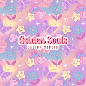 May include: A seamless pattern featuring a rainbow, stars, butterflies, flowers, and hearts in pink, purple, and yellow colors. The text "Golden Souls Design Studio" is in the center of the pattern.