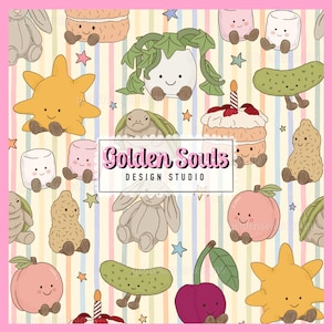 Peut inclure: Motif répété avec des illustrations de dessins animés d'aliments et de créatures, dont une étoile, une tortue, un lapin, un cornichon, une pêche et une cerise. Le texte "Golden Souls Design Studio" est au centre.