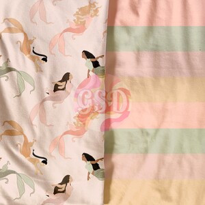 May include: A seamless pattern featuring mermaids with brown skin and long flowing hair. The mermaids are swimming in a light pink and cream background with a subtle watercolor effect. The pattern is perfect for fabric, wallpaper, or wrapping paper.