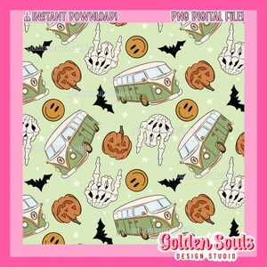 May include: A seamless pattern featuring a green and white vintage van, a skeleton hand, a jack-o-lantern, a smiley face, and bats on a light green background. The pattern is perfect for Halloween or fall-themed crafts.