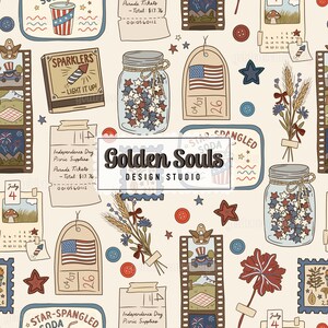 May include: A seamless pattern featuring Independence Day themed illustrations. Includes jars filled with red, white, and blue stars, tags with the American flag, and text that reads "Golden Souls Design Studio".