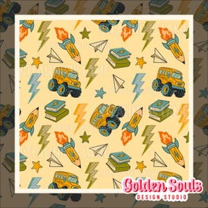 May include: A repeating pattern featuring school-themed illustrations. The design includes yellow school buses, pencils with rocket flames, books, paper airplanes, stars, and lightning bolts on a light yellow background. The text "Golden Souls Design Studio" is visible.