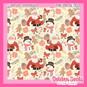 Könnte beinhalten: Ein nahtloses Muster mit Weihnachtsmann, Schneemännern, Lebkuchenmännern, Zuckerstangen, Schleifen, Sternen und Ornamenten in Rot, Weiß, Braun und Gold auf cremefarbenem Hintergrund. Der Text "Golden Souls Design Studio" befindet sich am unteren Rand des Bildes.