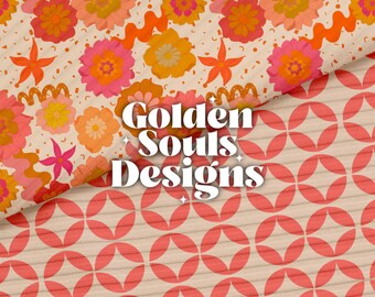 Könnte beinhalten: Ein nahtloses Muster mit einem Retro-Blumendesign in Orange-, Rosa- und Gelbtönen. Das Muster ist auf cremefarbenem Hintergrund und enthält ein Wirbeldesign. Das Muster ist über ein zweites Muster aus roten Kreisen auf cremefarbenem Hintergrund gefaltet. Der Text "Golden Souls Designs" befindet sich in der Mitte des Bildes.