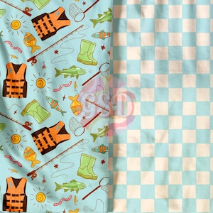 May include: A blue and white fabric with a repeating pattern of fishing-themed illustrations. The pattern includes fish, fishing rods, life vests, nets, and sun. The fabric is paired with a blue and white checkered fabric.