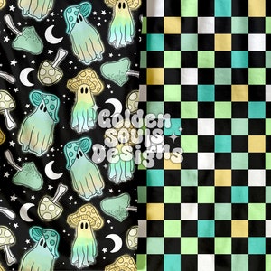 May include: A seamless pattern featuring a repeating design of ghosts and mushrooms on a black background. The ghosts are green and blue with a white outline. The mushrooms are yellow and green with white spots. The pattern is repeated on a checkered background with black, white, green, and yellow squares.