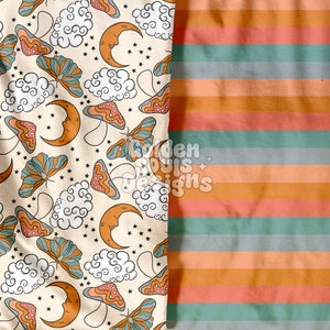 Boho Moths + stripes - Cute, Seamless, Digital Design, Fabric Pattern, 2 Files Main & Coordinate, Wallpaper, Boho