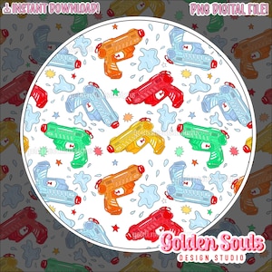 May include: A seamless pattern featuring colorful water guns with water splashes and stars on a white background. The water guns are in various colors, including red, orange, yellow, green, blue, and light blue.