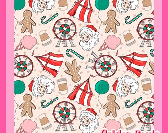 May include: A seamless pattern featuring a whimsical Christmas carnival theme. The pattern includes Santa Claus, gingerbread men, candy canes, Ferris wheels, and circus tents. The background is a light beige color with white stars.