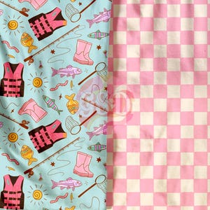 May include: A blue fabric with a repeating pattern of fishing-themed illustrations. The pattern includes fish, fishing rods, life jackets, boots, and other fishing gear. The fabric is paired with a pink and white checkered fabric.