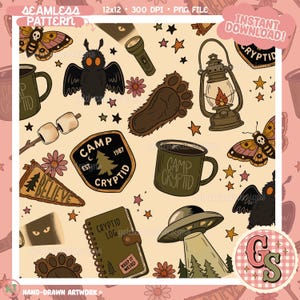 Camp Cryptid - Seamless Pattern – Halloween - Fall - Autumn Fabric Design - Summer - (Digital Download)