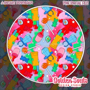 May include: A seamless pattern featuring a colorful, psychedelic design with various objects, including lollipops, gummy bears, lipstick tubes, baby bottles, and diamond rings. The background is a pink, blue, and green tie-dye pattern with white stars.
