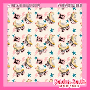 May include: A seamless pattern featuring a retro roller skate with rainbow stripes and the text "Let's Roll" in black. The background is a light cream color with pink lightning bolts and blue stars.