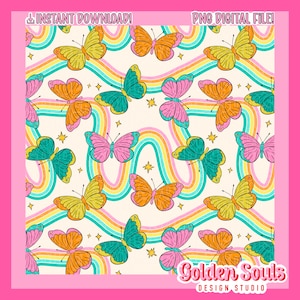 May include: A seamless pattern featuring colorful butterflies flying over rainbow-colored wavy lines on a cream background. The butterflies are in shades of pink, orange, yellow, and teal. There are also small gold stars scattered throughout the pattern.