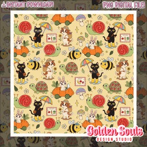Peut inclure: Un motif numérique fantaisiste avec des animaux et des légumes de dessins animés. Le motif comprend un chat noir avec un parapluie, un chien avec un panier, une abeille, un escargot, une tortue et un lapin dans une voiture carotte. Les mots "INSTANT DOWNLOAD!" et "PNG DIGITAL FILE!" sont en haut.