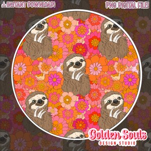 Perezoso Floral / Diseño Sin Costuras / Descarga Digital / Patrón de Tela / Patrón Repetido / Sin Costuras / Papel Tapiz / Perezoso / Retro