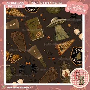 May include: A seamless pattern featuring illustrations of a UFO, a cryptid log notebook with the text KEEP IT WEIRD, a flashlight, a moth, a lantern, a Bigfoot footprint, a pennant with the text BELIEVE, and a badge with the text CAMP CRYPTID.