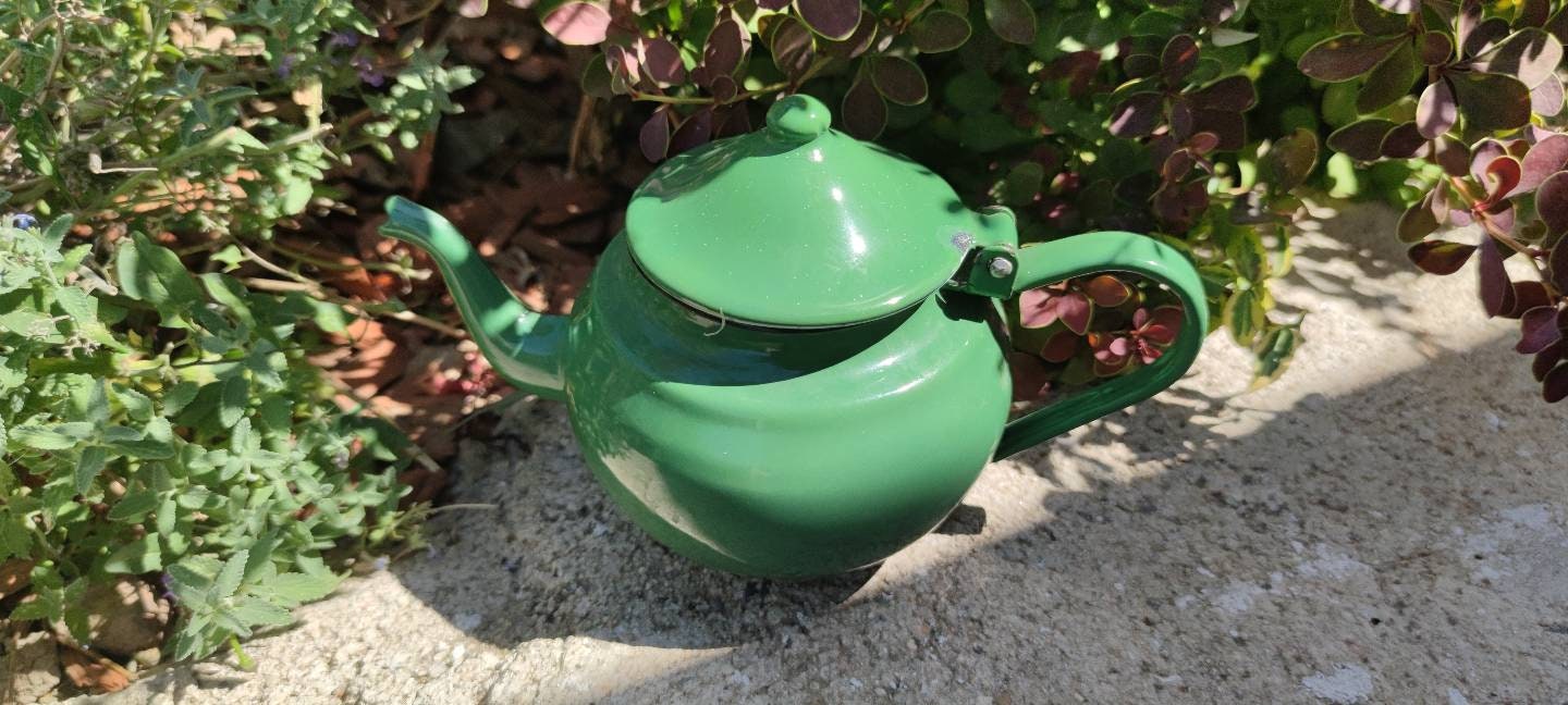Vintage Enamel Teapot Green metal tea pot Small Enameled Etsy