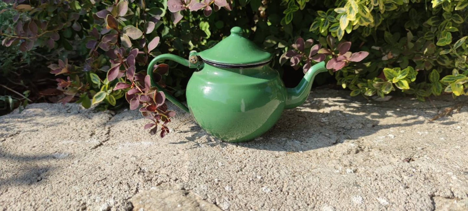 Vintage Enamel Teapot Green metal tea pot Small Enameled Etsy
