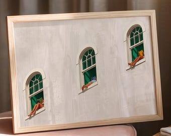 Beige Woman Reading Print, Emerald Green Wall Art, Beige Wall Art, Book Lover Gifts, Minimalist Decor, Dopamine Decor, Emerald Green Print