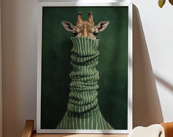 Surreal Giraffe Print, Dark Green Wall Art, Maximalist Eclectic Decor, Framed Wall Art, Dark Academia Anthropomorphic Giraffe Poster