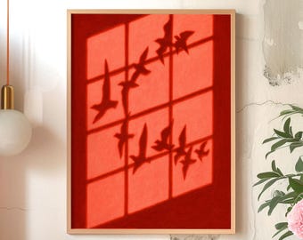 Red Bird Flock Shadow Art Print: Abstract Maximalist Wall Decor