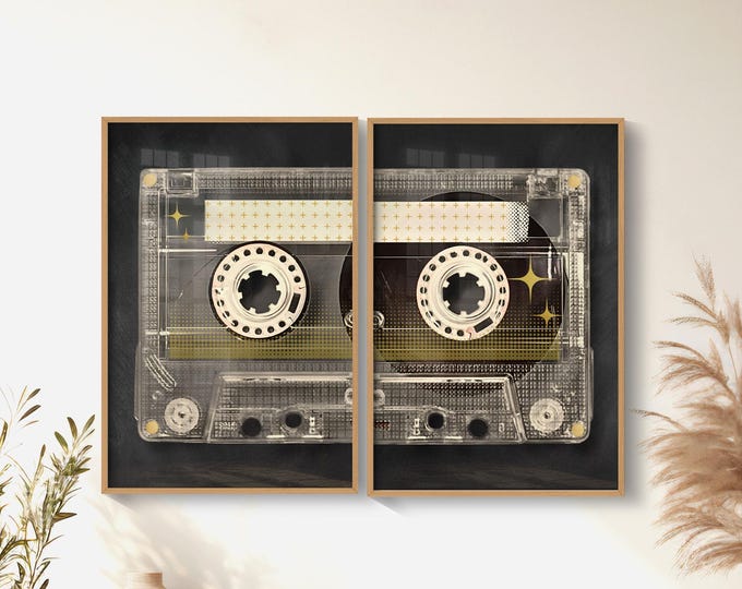 Golden Retro Cassette Set of 2 Print Mix Tape Music Wall Art Vintage Trendy Decor Aesthetic Bedroom Poster 80s Bar Cart Print