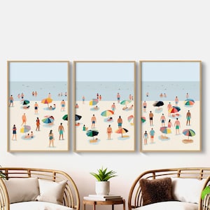 Persone sulla spiaggia, set di 3, stampa da parete con spiaggia, stampa per camera da letto beige, belle arti minimaliste, belle arti semplici, arredamento neutro per la casa, arte retrò