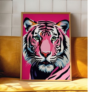 Póster de tigre, decoración de dopamina, estampado animal, póster rosa, arte psicodélico, decoración de tigre moderna, estampado de tigre maximalista, arte mural moderno