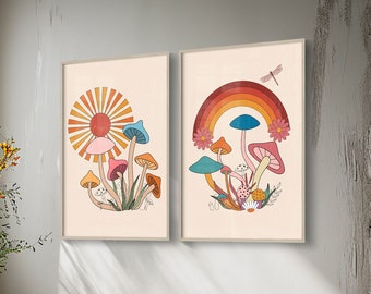 70s Mushroom Wall Art Set: Retro Sun, Moon, Boho Decor