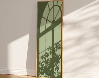 Sage Green Window Shadow Art Print, Tall Vertical Wall Art, Minimalist Botanical Silhouette Poster, Narrow Earthy Decor