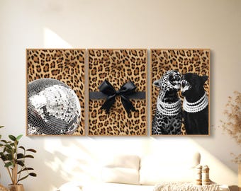 Set of 3 Black Leopard Wall Art, Black Cheetah Wall Art, Leopard Y2K Aesthetic, Disco Ball Print, Dopamine Decor, Large Wall Art, Black Bow