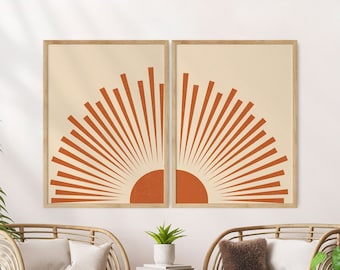 70s Sun Art Prints: Burnt Orange Retro Decor, Set of 2